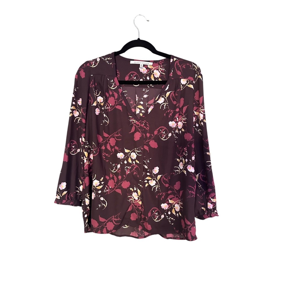 Collective Concepts Floral Burgundy Size medium Blouse Lightweight v neck